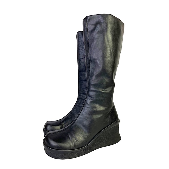 Vintage Shoes - Vintage Y2K Platform Wedge Black Leather Knee Boots Goth Punk Square Toe Aldo 10